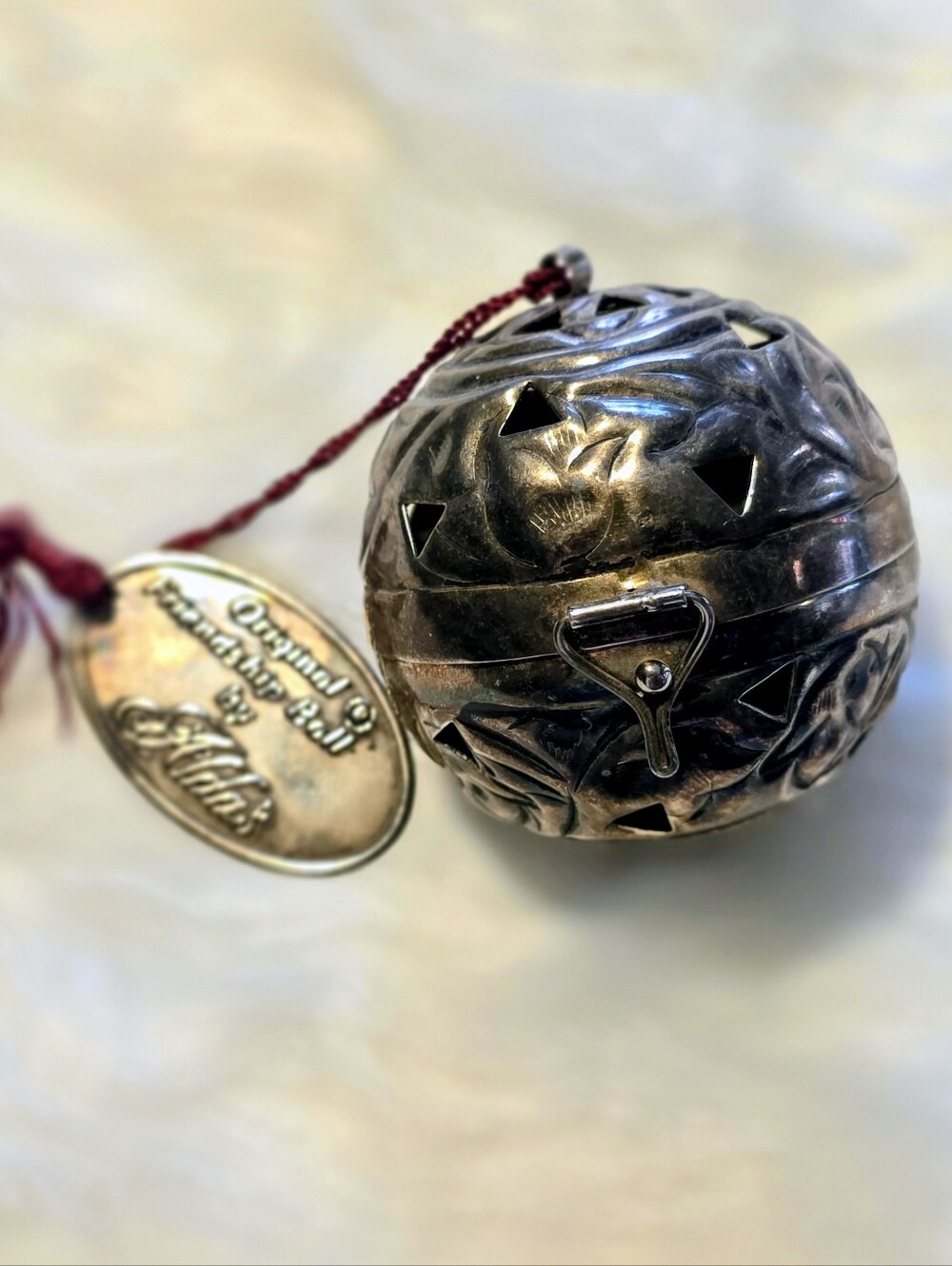 Vintage Alda's Silver Friendship Ball, Potpourri Ornament with Tag